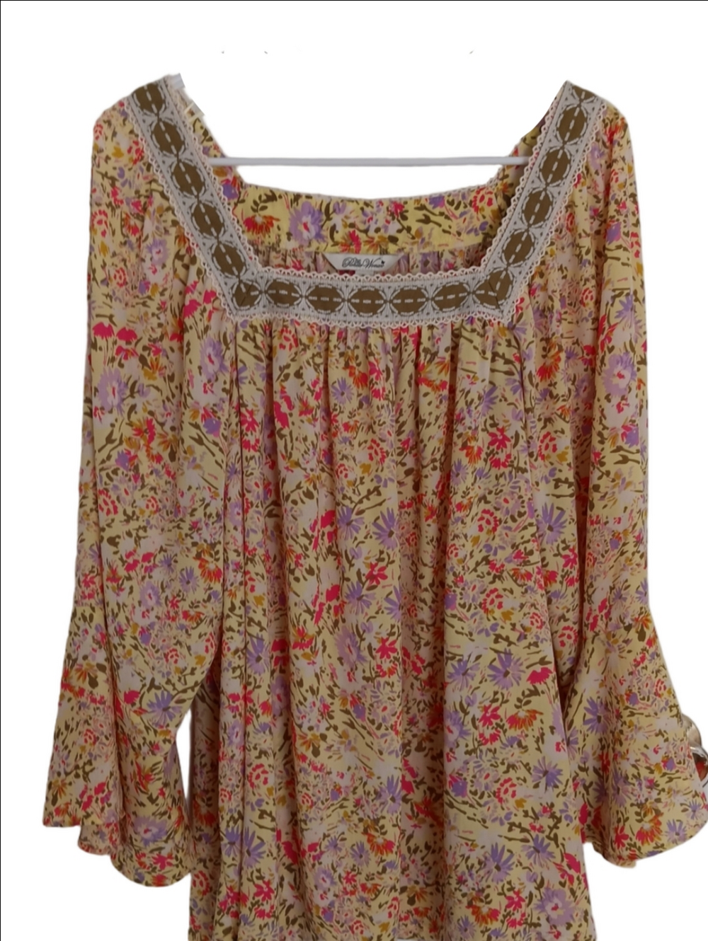 The Pioneer Woman Yellow Floral Square-Neck Tunic Top Lace Trim Trumpet Sleeve
